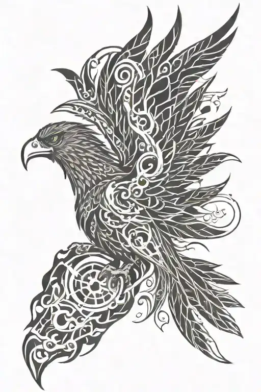 mechanical Phoenix rising from flames tattoo design idea