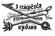 Russian Prison tattoo featuring a harpoon and the text "Из сердца ада я наношу тебе удар." tattoo design idea