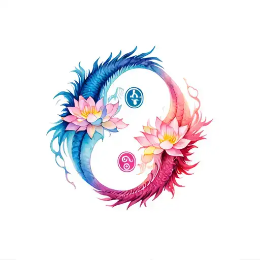 yin yang lock key intertwining dragons lotus flower tattoo design idea