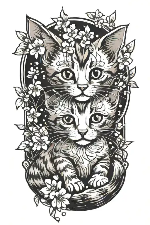 cute kitten sorrounded by cherry blossoms tattoo design idea