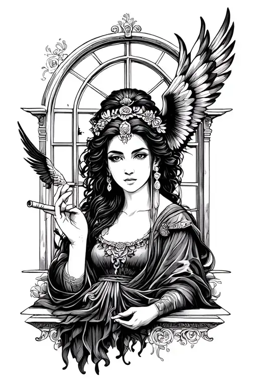 Hera cigarette in the left hand, flying in the right hand, the open window tattoo design idea