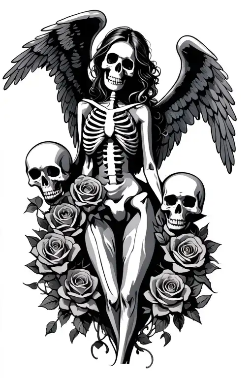 Skeleton woman angel wings holding skulls with roses tattoo design idea