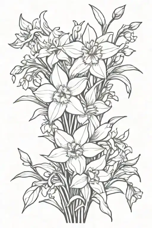 bouquet daffodils daisies cherry blossoms snow drops violets greenery tattoo design idea