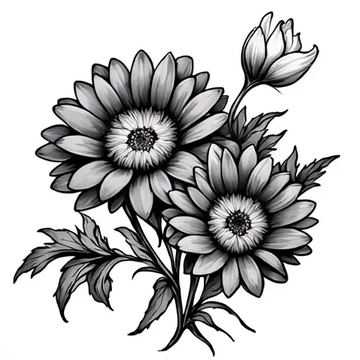 Chrysanthemum, Aster, Narcissus flowers intertwined tattoo design idea
