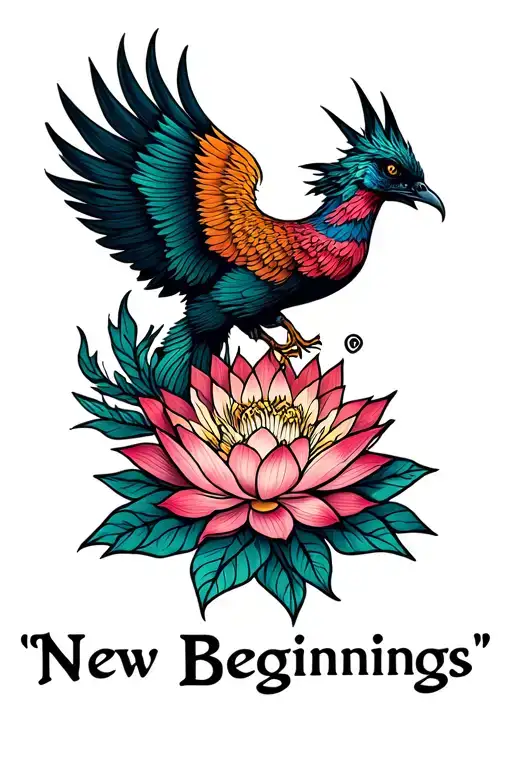 "New Beginnings " phoenix bird lotus flower blooming tattoo design idea