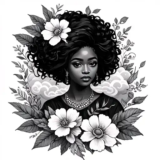 A Medium sized tattoo with a nature theme, a black woman in the center of flowers or a cloud, it should be more neo-trad tattoo design idea