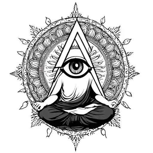In the background of life with Mandala, to the center a monk meditating with the eye of providence on the face tattoo design idea