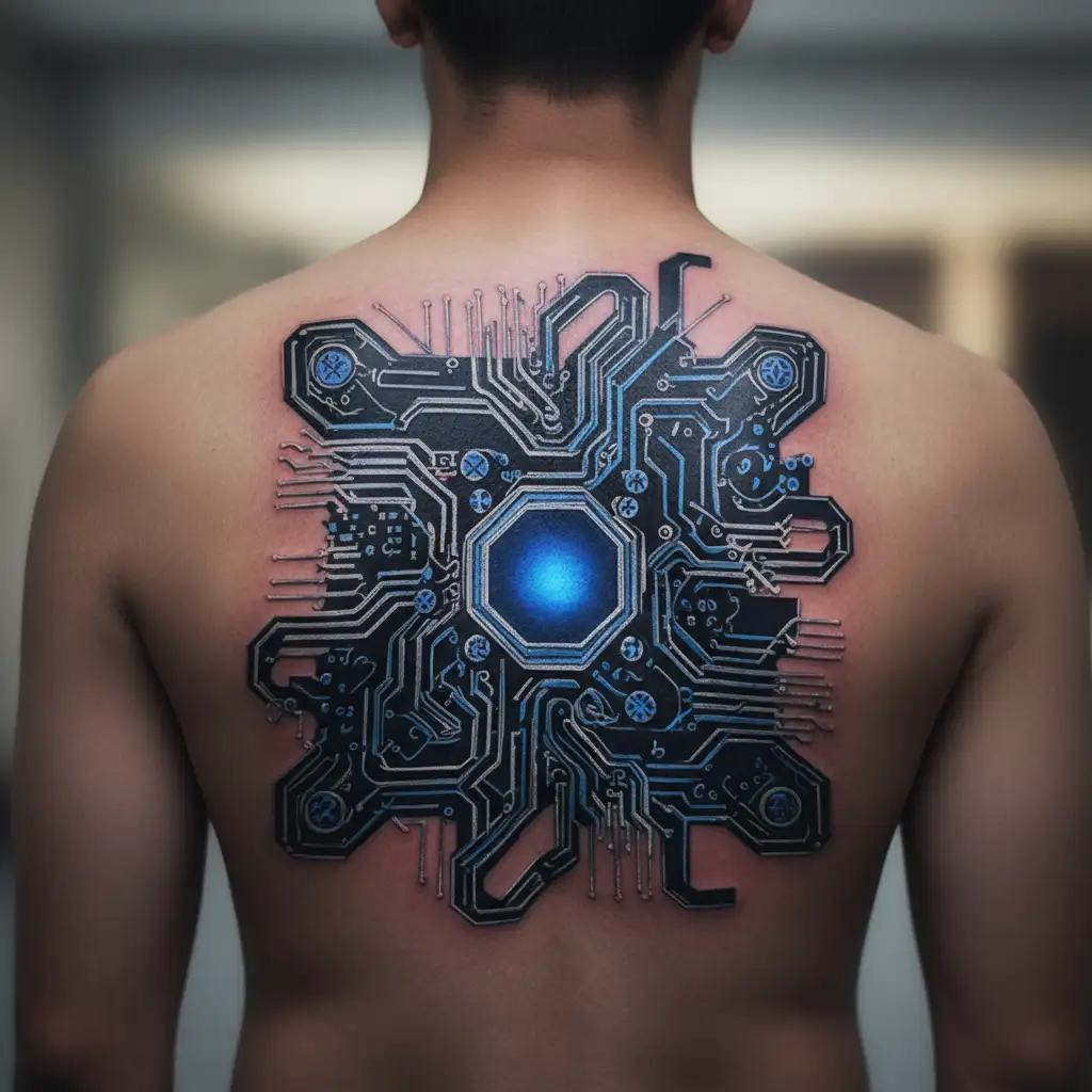 Black and metal gold parts motherboard  ATX cpu ram 12 pin power connector golden paths tattoo design idea