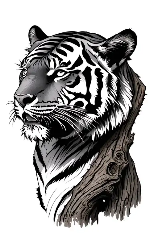Side facing tiger made of tree bark tattoo design idea