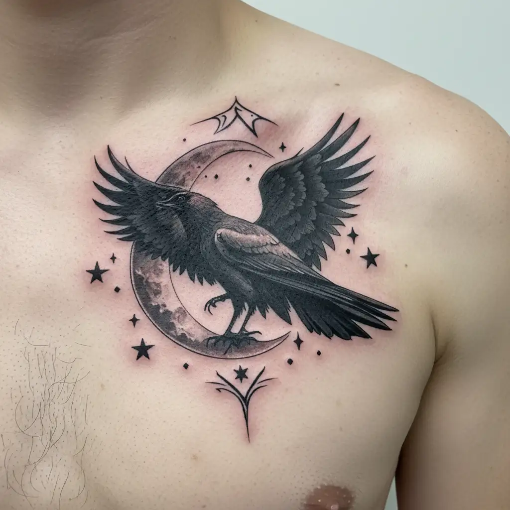Nyx Symbol crow wings, moon and stars forming tattoo design idea