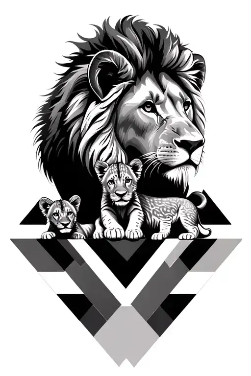 A lion with 2 baby lion cubs on top of  geometric patterns  tattoo design idea