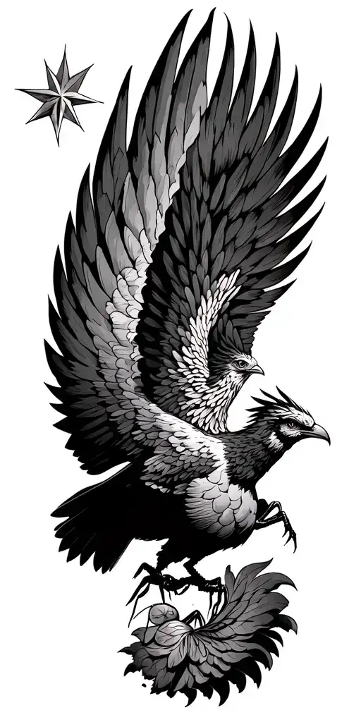 a phoenix flying under a philant star brings a leaf of lorium in its beak to a single ant tattoo design idea