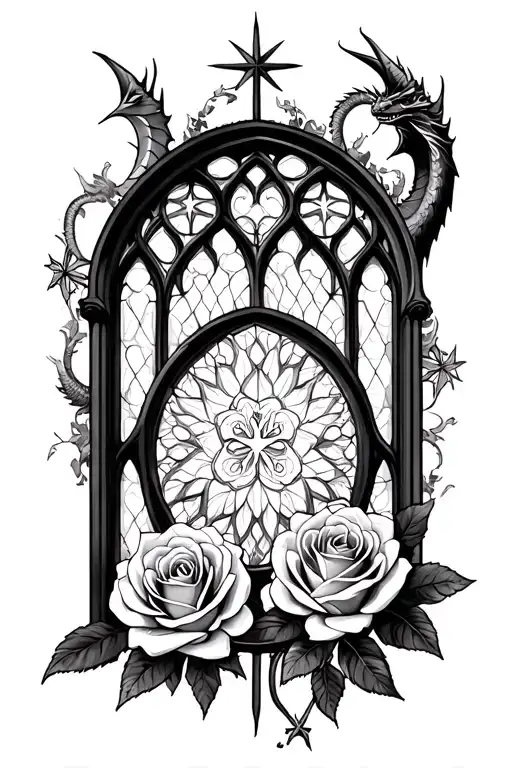 gothic cathedral window roses dragon stars tattoo design idea