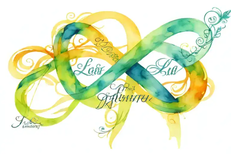 infinity symbol made of the words Lia, Laura, family and forever with dates 31.08.88 and 19.09.07 crossing in the middle tattoo design idea