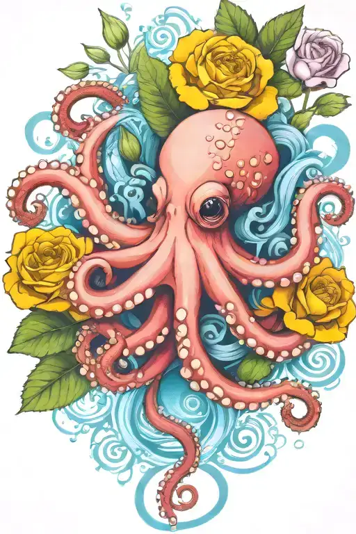octopus, snowdrop, rose,  marigold flower tattoo design idea
