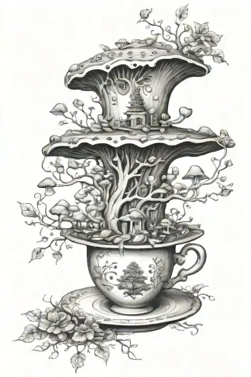 A surreal scene of a coffee tree sprouting magical mushrooms inspired by the Mad Hatter's hat, symbolizing the different roles of a mother tattoo design idea