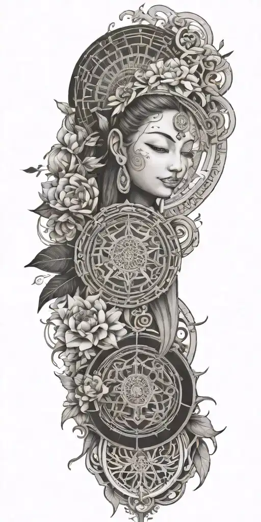 Blend Buddhist mandala, fine-line wood grain, anime elements, and subtle gaming symbols into a cohesive, flowing design tattoo design idea