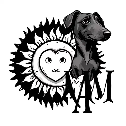 A sun, a dog dough, a heart, the initials A and M all spoke tattoo design idea