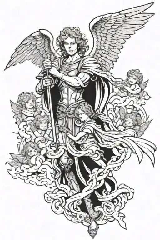 archangel Michael slaying demons and is surrounded by baby angels praying  tattoo design idea