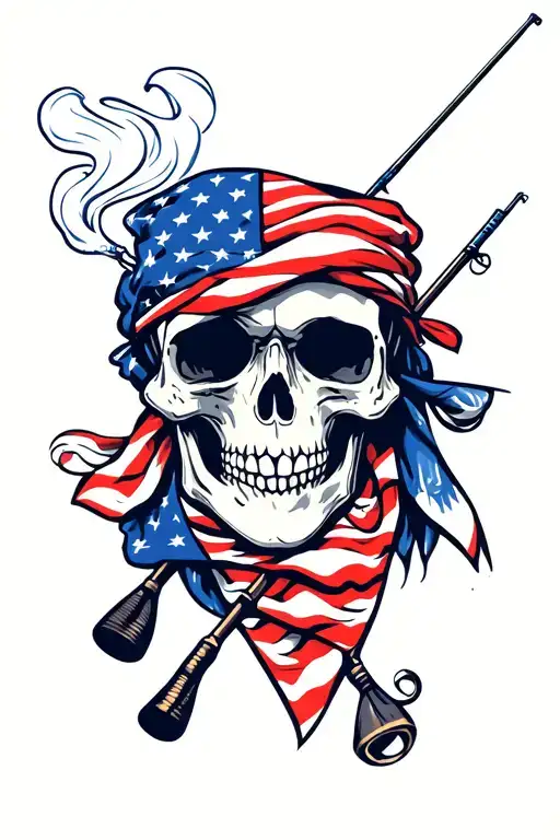 skull smoking a cigarette wearing american flag bandana with fishing poles tattoo design idea