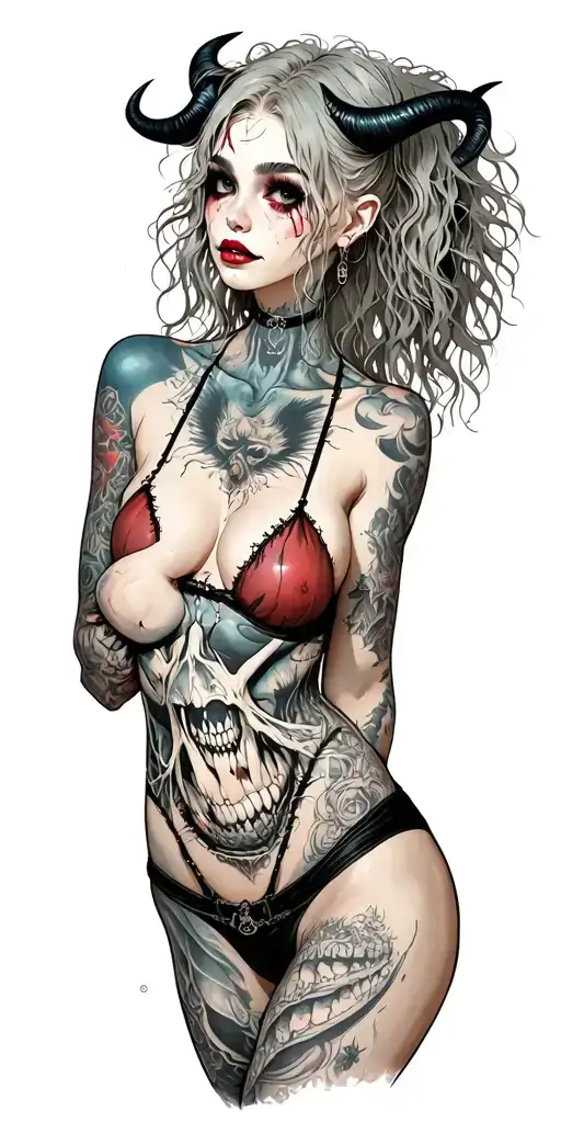 Sexy Pale Girl, petite, big boobs, wide hips, G-String. Messy hair, demonic horns, sexual. Seductive smile. Full Body tattoo design idea