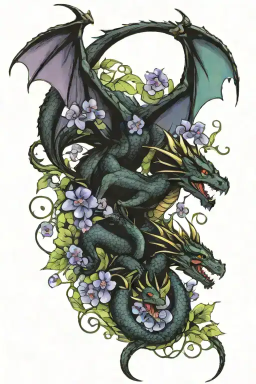 Dragons and violets entwined tattoo design idea