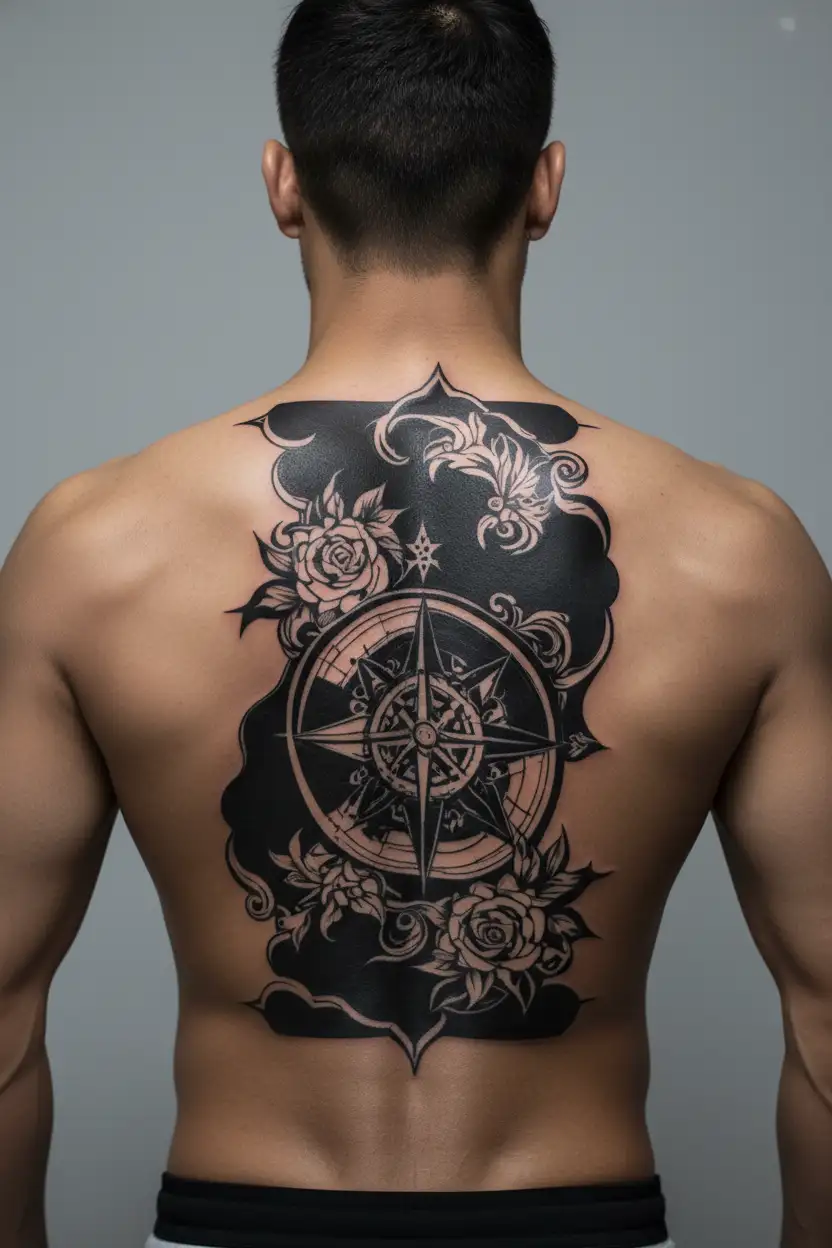 A tattoo design featuring a compass rose intertwined with a loyal dog, symbolizing the client's love for travel and loyalty to their canine companion tattoo design idea