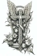 broken cross with tulips growing on it an angel's wing covers a part tattoo design idea