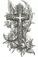 broken cross with tulips growing on it an angel's wing covers a part tattoo design idea