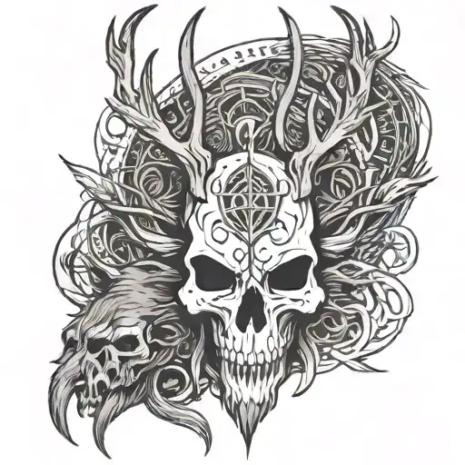 A skull thats half human  and half stag  separated in the middle .dark themed with nordic runes .  and a wolf hood tattoo design idea