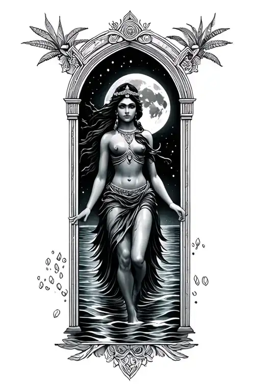 Orion moon window goddess oshun walking into the ocean night time  tattoo design idea