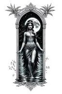 Orion moon window goddess oshun walking into the ocean night time  tattoo design idea