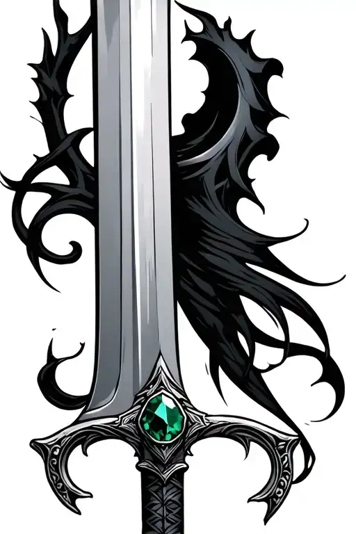 long sword with brigjt green stone in handle tattoo design idea