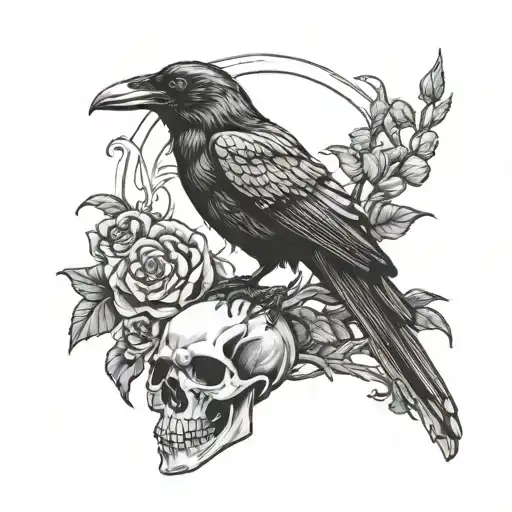 raven perched on a skull tattoo design idea