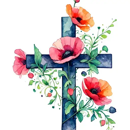 cross with poppy flowers and vines wrapping tattoo design idea