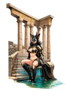 the bastet goddess in armor resting beside a water feature at the foot of the staircase of an Egyptian marble temple.  tattoo design idea