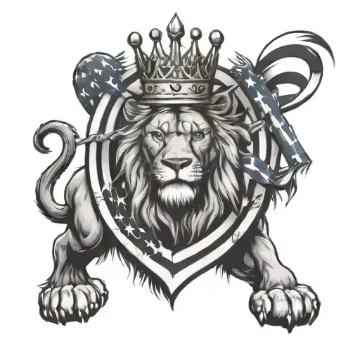 A powerful lion with a crown, symbolizing strength and leadership like a lineman, surrounded by American flag elements tattoo design idea