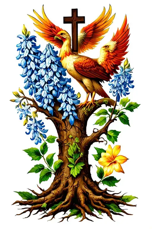 a deep rooted tree, a cross, a phoenix, and a hyacinth flower all incorporated together tattoo design idea