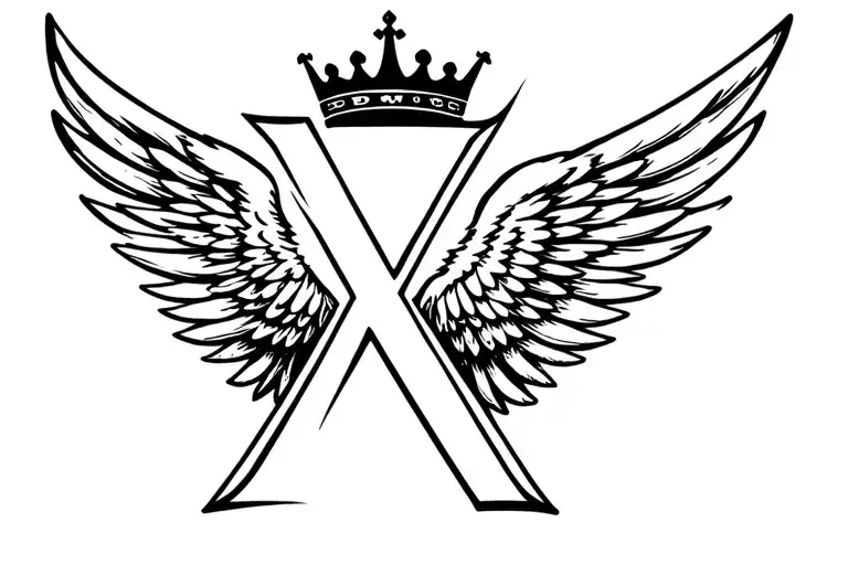wings with letter x wearing a crown made tattoo design idea