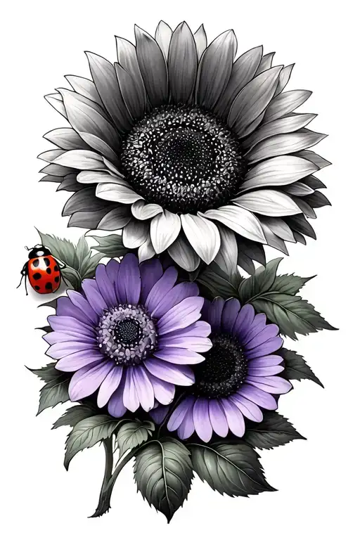 ladybug and violet flower and sunflower blooming tattoo design idea