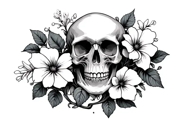 skull with morning glory vine and aster flower blooming tattoo design idea