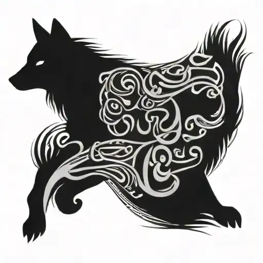 An abstract design of a wolf's silhouette made of Arabic script, blending the client's love for wolves and Arabic calligraphy tattoo design idea