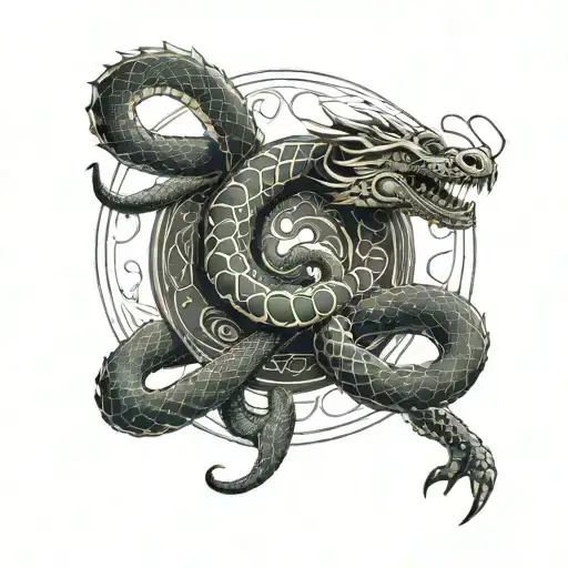 Create a tattoo of a dragon inspired snake ouroboros that's eating it's own tail. The snake should be in a figure 8 shap tattoo design idea