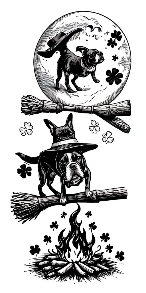 shamrock, bulldog, boston terrier, cattle dog, camper, flying witch on broomstick, moon, campfire tattoo design idea