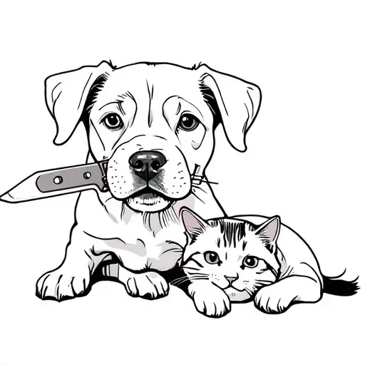 pit bull Australian shepherd puppy holding a knife by the handle in its mouth with bi-colored cat laying in at paws tattoo design idea