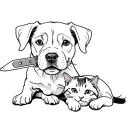 pit bull Australian shepherd puppy holding a knife by the handle in its mouth with bi-colored cat laying in at paws tattoo design idea