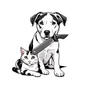 pit bull Australian shepherd puppy holding a knife by the handle in its mouth with bi-colored cat laying in at paws tattoo design idea