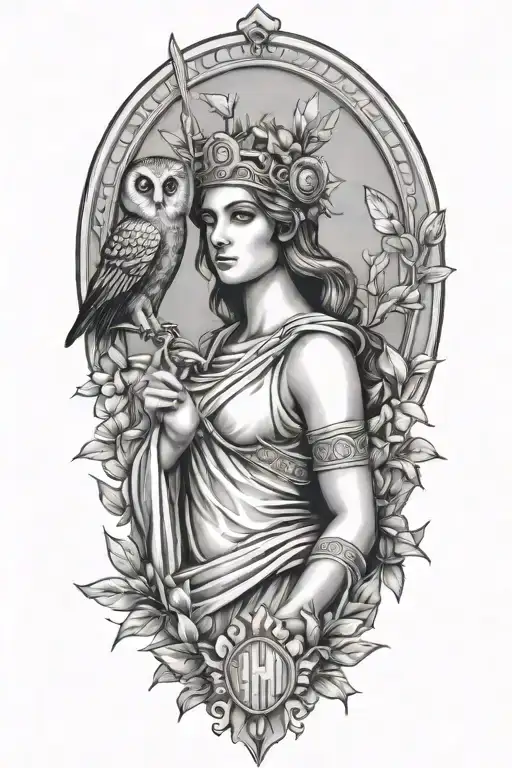 athena greek goddess with owl and parthenon and olive branch tattoo design idea
