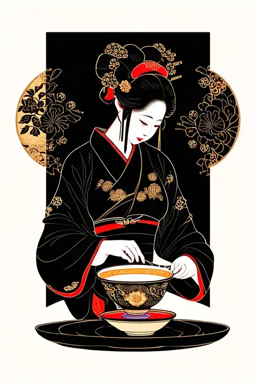 Geisha conducting tea ceremony with kintsugi style cup tattoo design idea