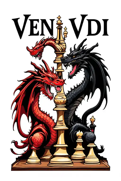2 dragons 1red and 1 black at the back and their faces are on the chess and on the bottom of the back written veni vidi  tattoo design idea